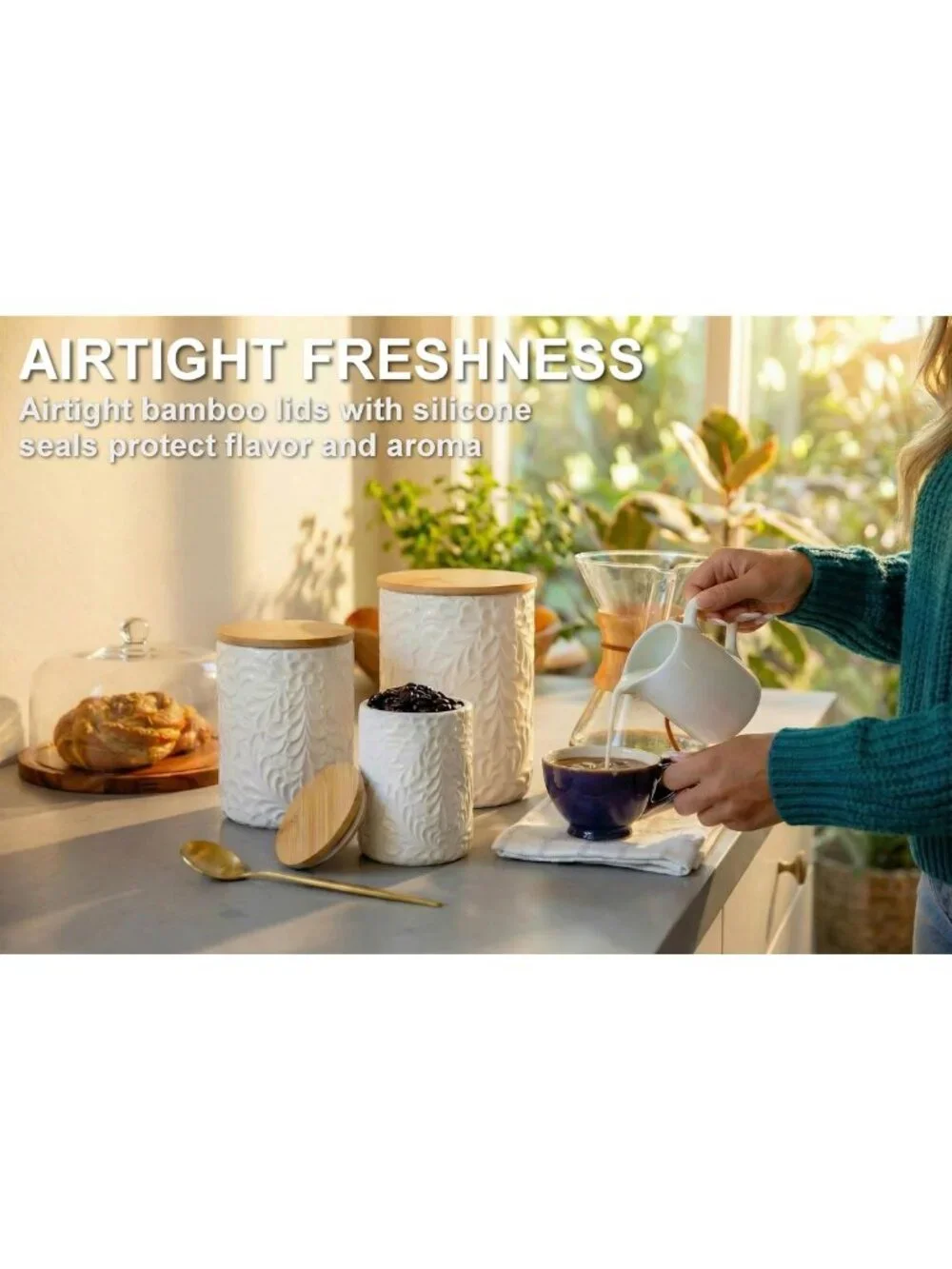 Set of 3 Engraved Ceramic Canisters with Airtight Bamboo Lids - Kitchen Storage